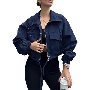 Womens Navy Tankaneo Cropped Jacket Zip Up Oversized Utility Anorak Coat